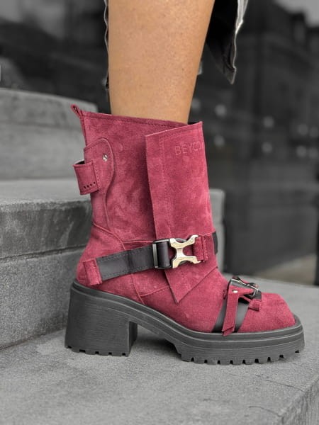 Skórzane workery na podeszwie z obcasem moto13 burgund beyco