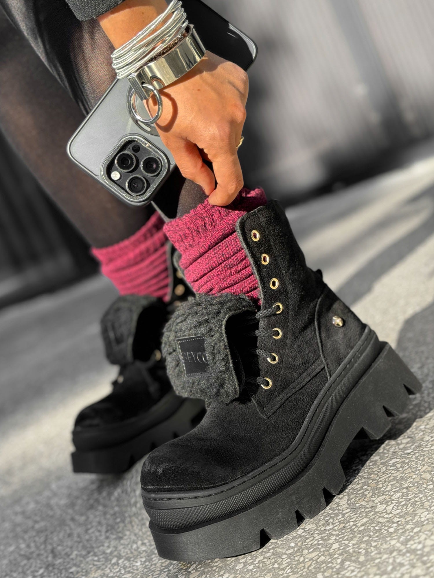 Skórzane workery na grubej podeszwie ital7 ocieplane czarny beyco 