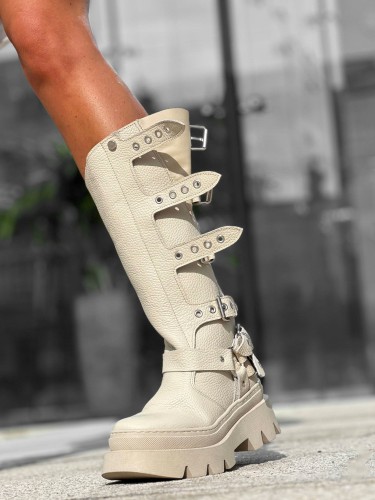 Skórzane workery gruba podeszwa moto1 fibi beż Beyco