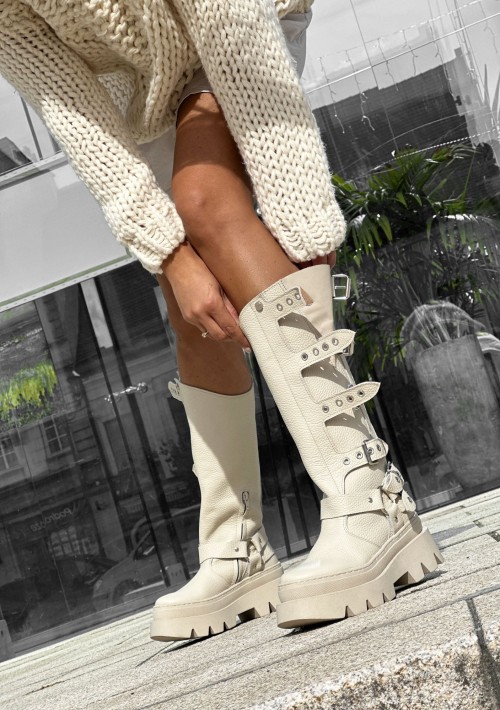 Skórzane workery gruba podeszwa moto1 fibi beż Beyco