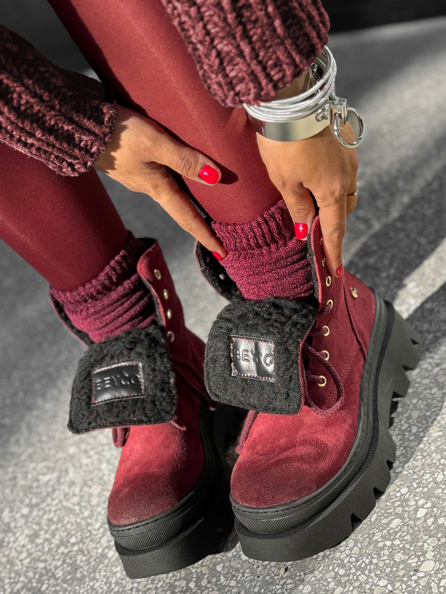 Skórzane workery na grubej podeszwie ital7 ocieplane bordo beyco 