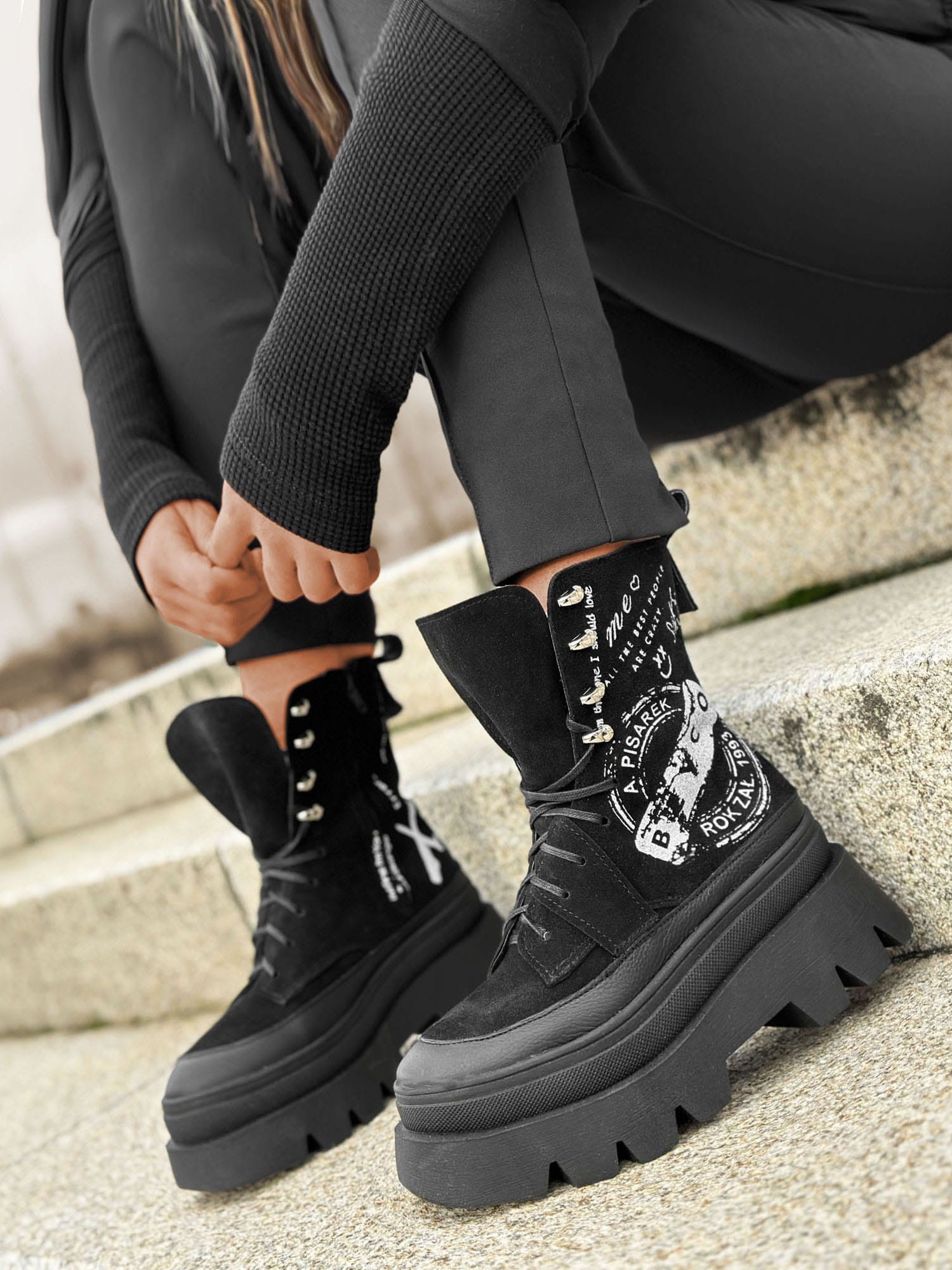 Skórzane workery na grubej podeszwie J17l  czarny beyco