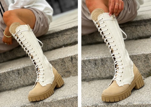 Skórzane workery na grubej podeszwie c50x beż len ciemny spód beyco