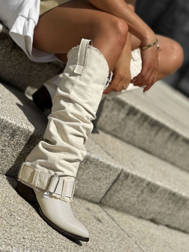 Skórzane kozaki na niskim obcasie grado beż len Beyco 