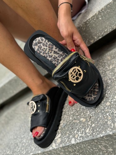 Skórzane sandały klapki gruby spód kl6 czarny Beyco