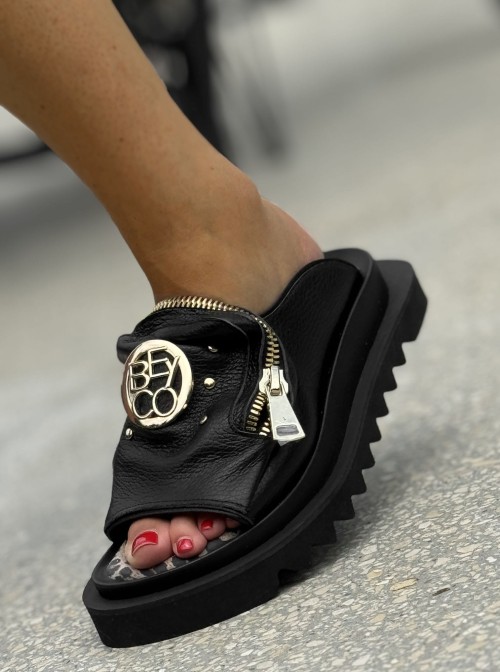 Skórzane sandały klapki gruby spód kl6 czarny Beyco