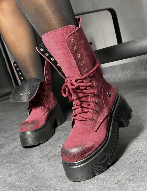 Skórzane workery na grubej podeszwie ital8  bordo beyco