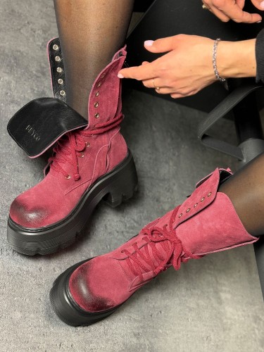 Skórzane workery na grubej podeszwie ital8  bordo beyco