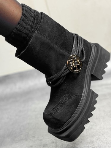 Skórzane botki na grubej podeszwie ocieplone 24-1  czarny beyco