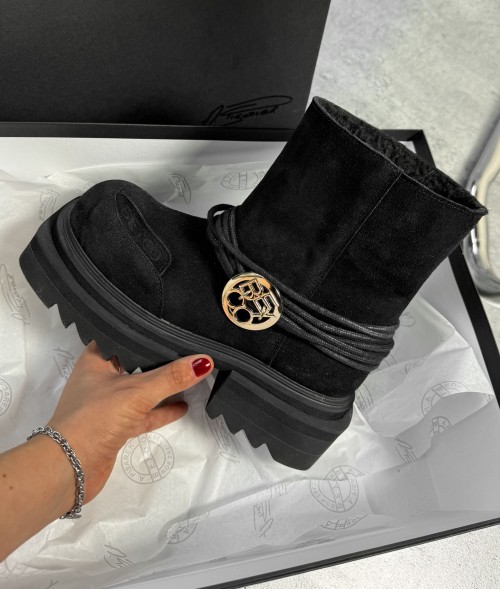 Skórzane botki na grubej podeszwie ocieplone 24-1  czarny beyco