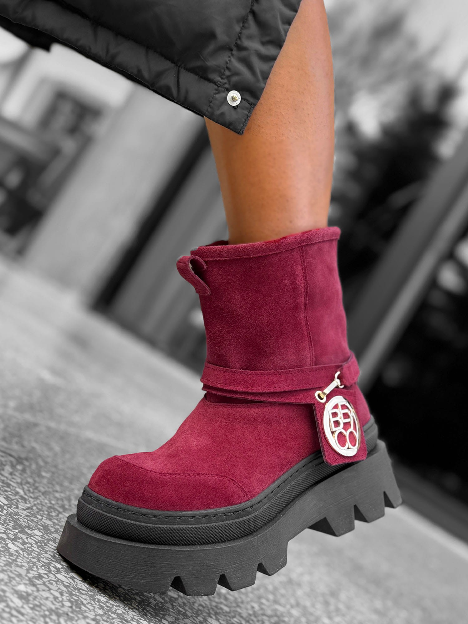 Skórzane ocieplone workery na grubej podeszwie ital11 bordo beyco 