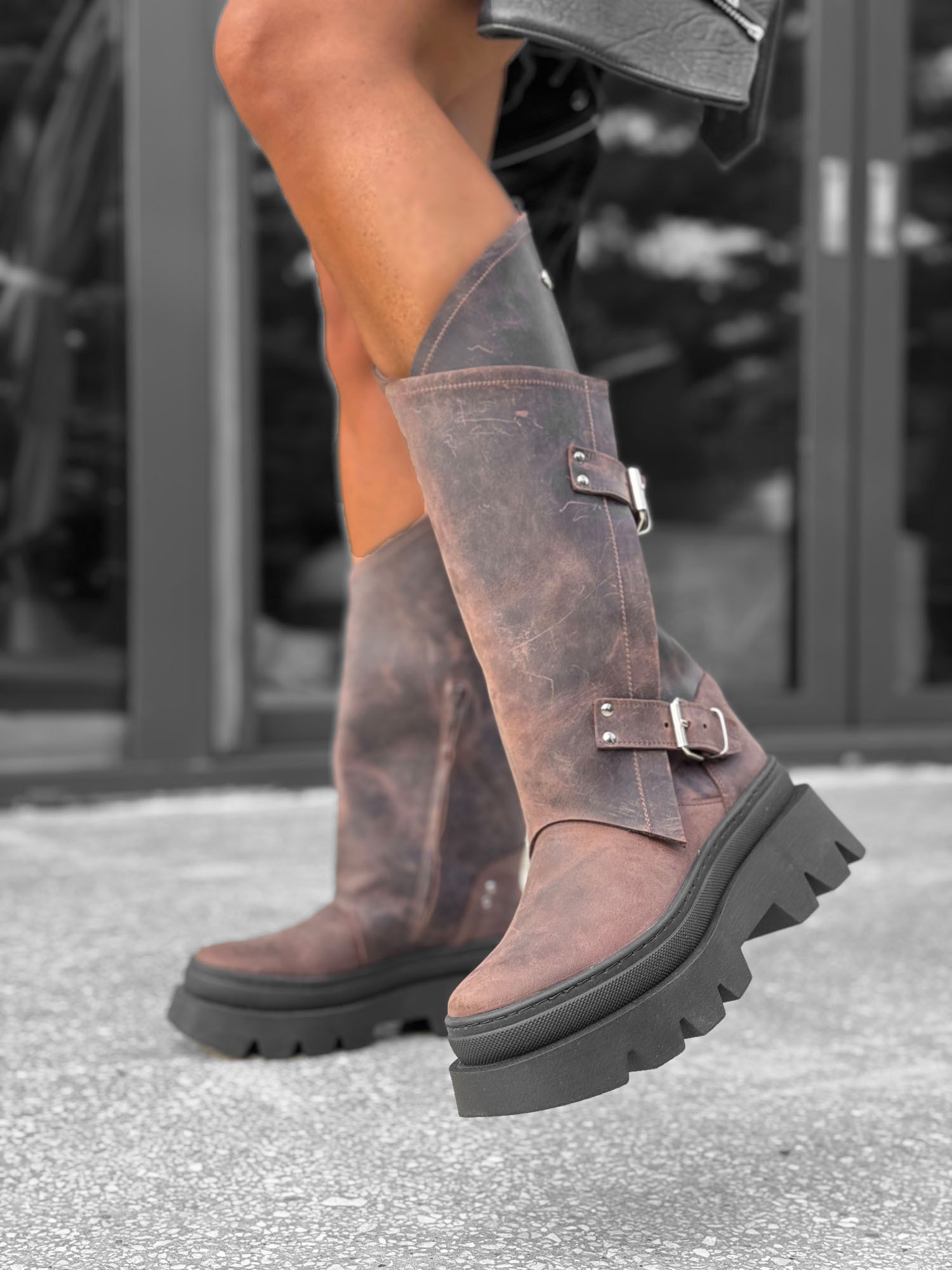 Skórzane workery na grubej podeszwie x5 fibi brąz beyco 