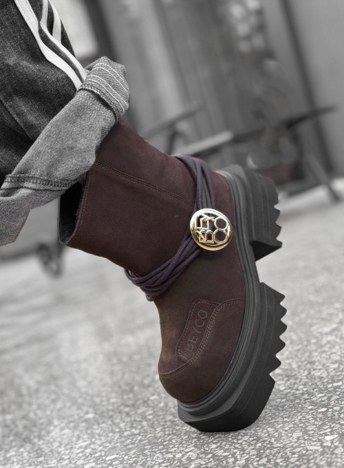 Skórzane botki z cholewą na grubej podeszwie 24-1 bez ocieplenia brąz beyco 