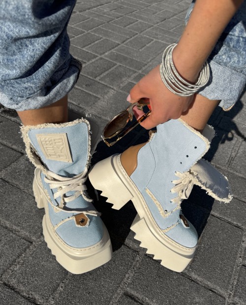 Skórzane workery z lnem na grubym spodzie 26-3 niebieski