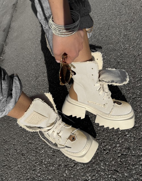 Skórzane workery z lnem na grubym spodzie 26-3 beż