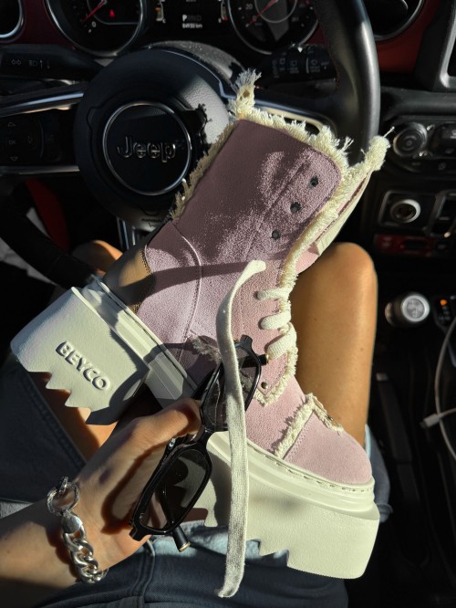 Skórzane workery z lnem na grubym spodzie 26-3 róż