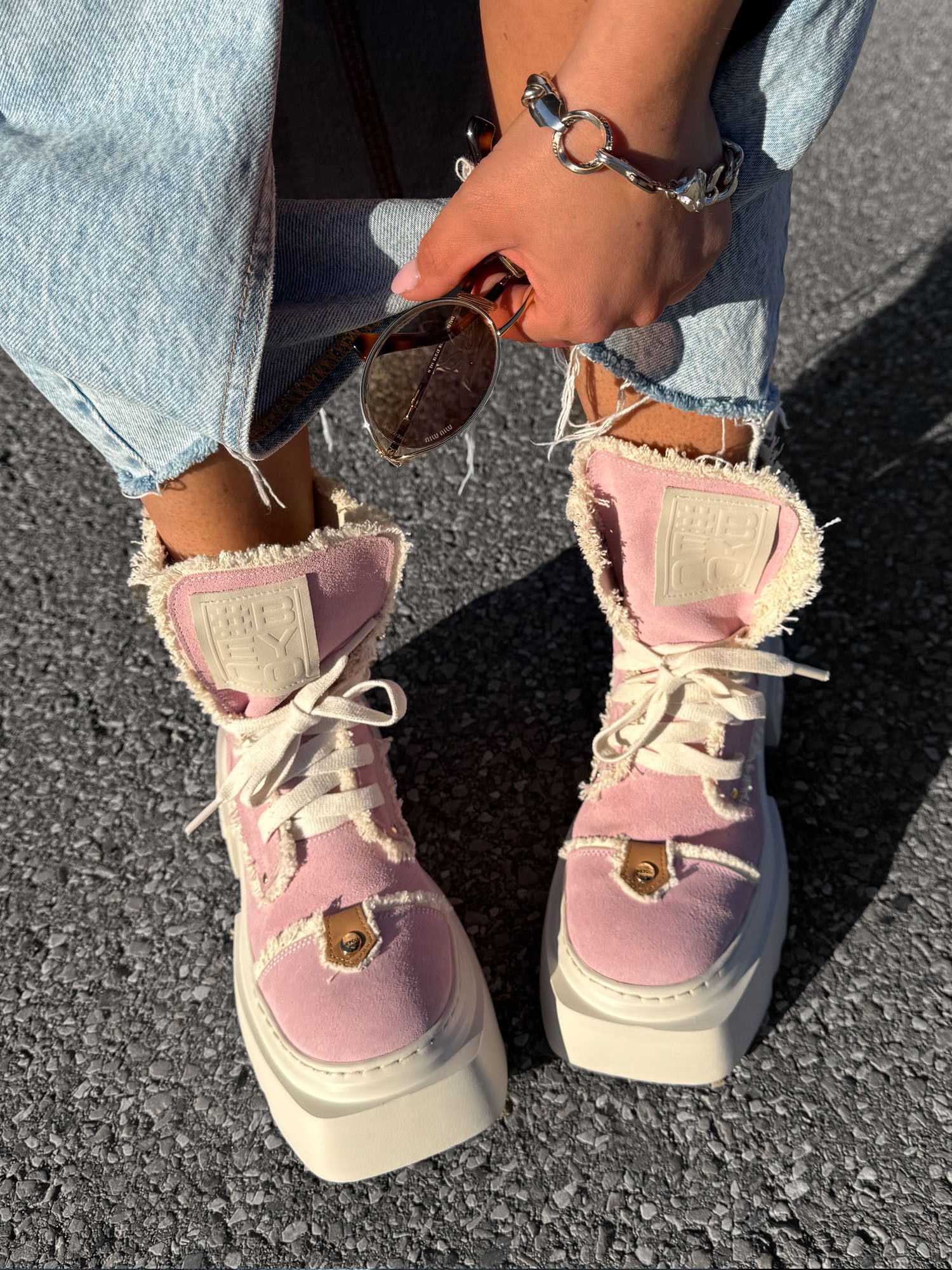 Skórzane workery z lnem na grubym spodzie 26-3 róż