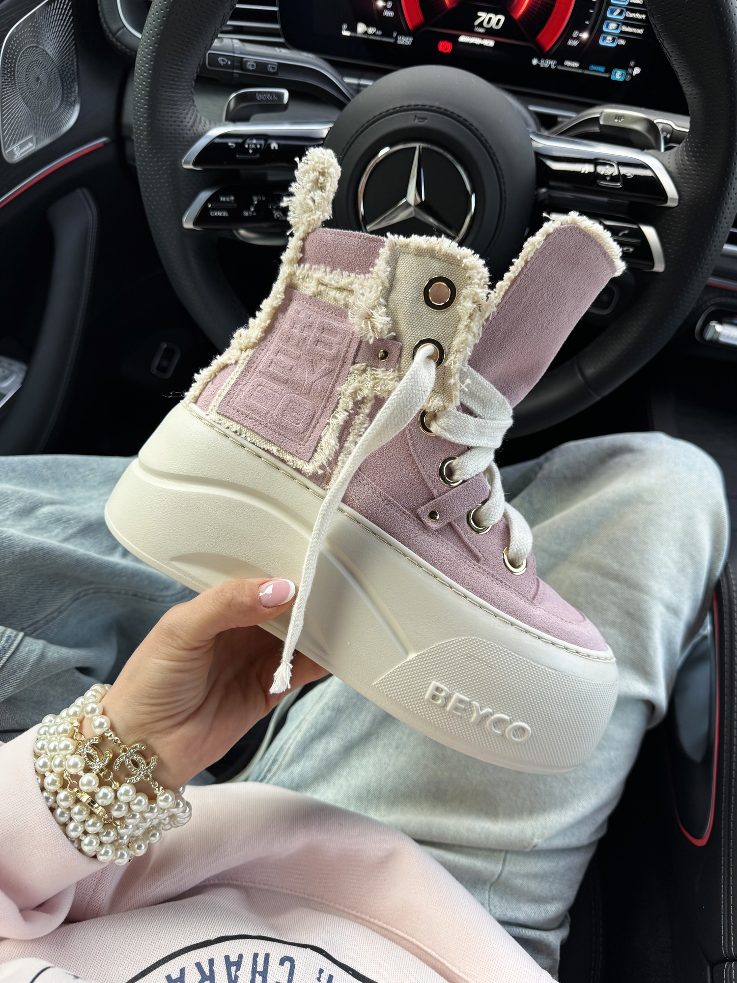 Skórzane sneakersy z lnem na grubym spodzie 26-7 róż