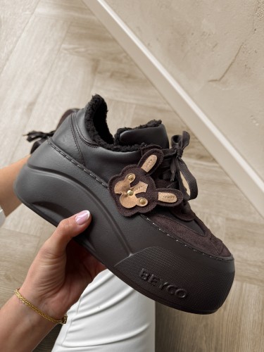 Skórzane ocieplone sneakersy z buldożkiem Beyco brąz 25-42k 