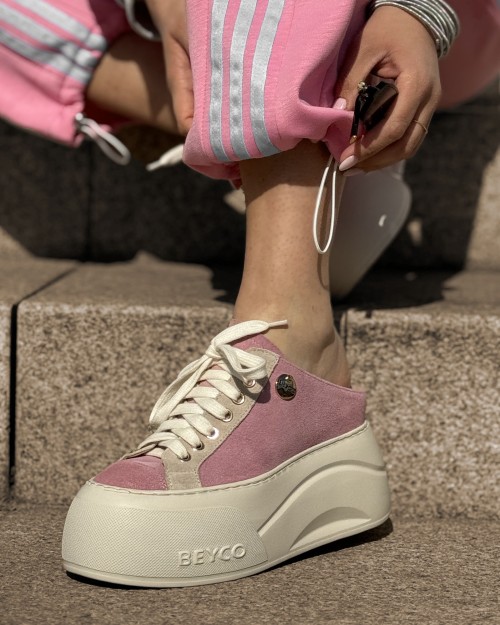 Skórzane sneakersy klapki na klinie 26-9 róż