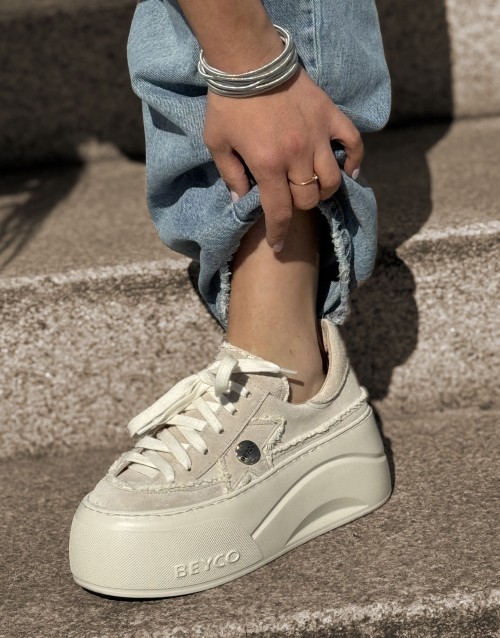 Skórzane sneakersy z lnem Beyco beż 26-5