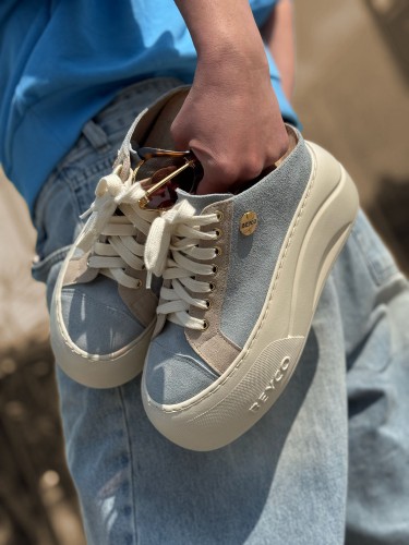 Skórzane sneakersy klapki na klinie 26-9 niebieski