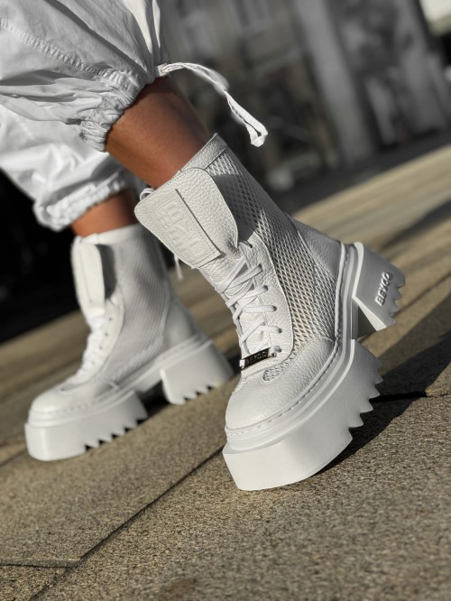 Skórzane workery z siatką na grubym spodzie białe 26-12